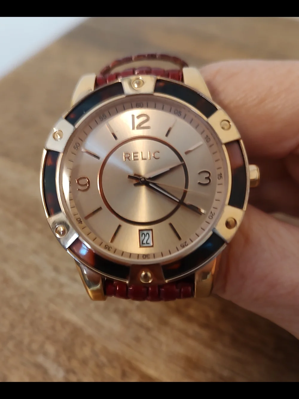 Relic Gold-Tone Watch with Burgundy Strap